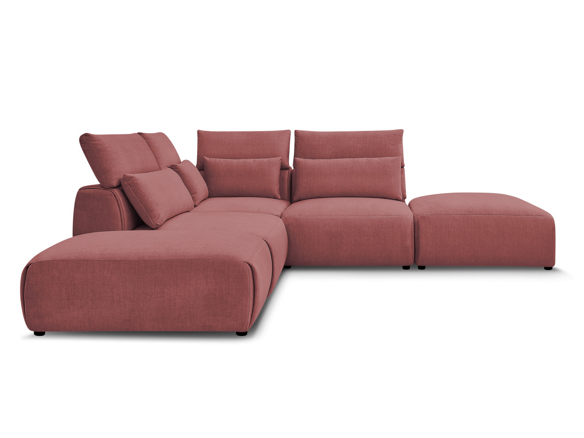 Canapé d'angle fixe modulable avec têtières JANA tissu velours avec 2 chauffeuses, 1 angle et 2 poufs