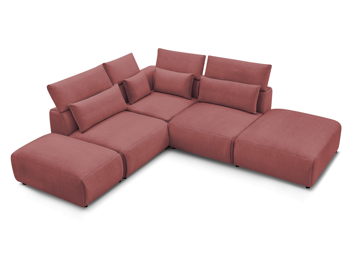 Canapé d'angle fixe modulable avec têtières JANA tissu velours avec 2 chauffeuses, 1 angle et 2 poufs