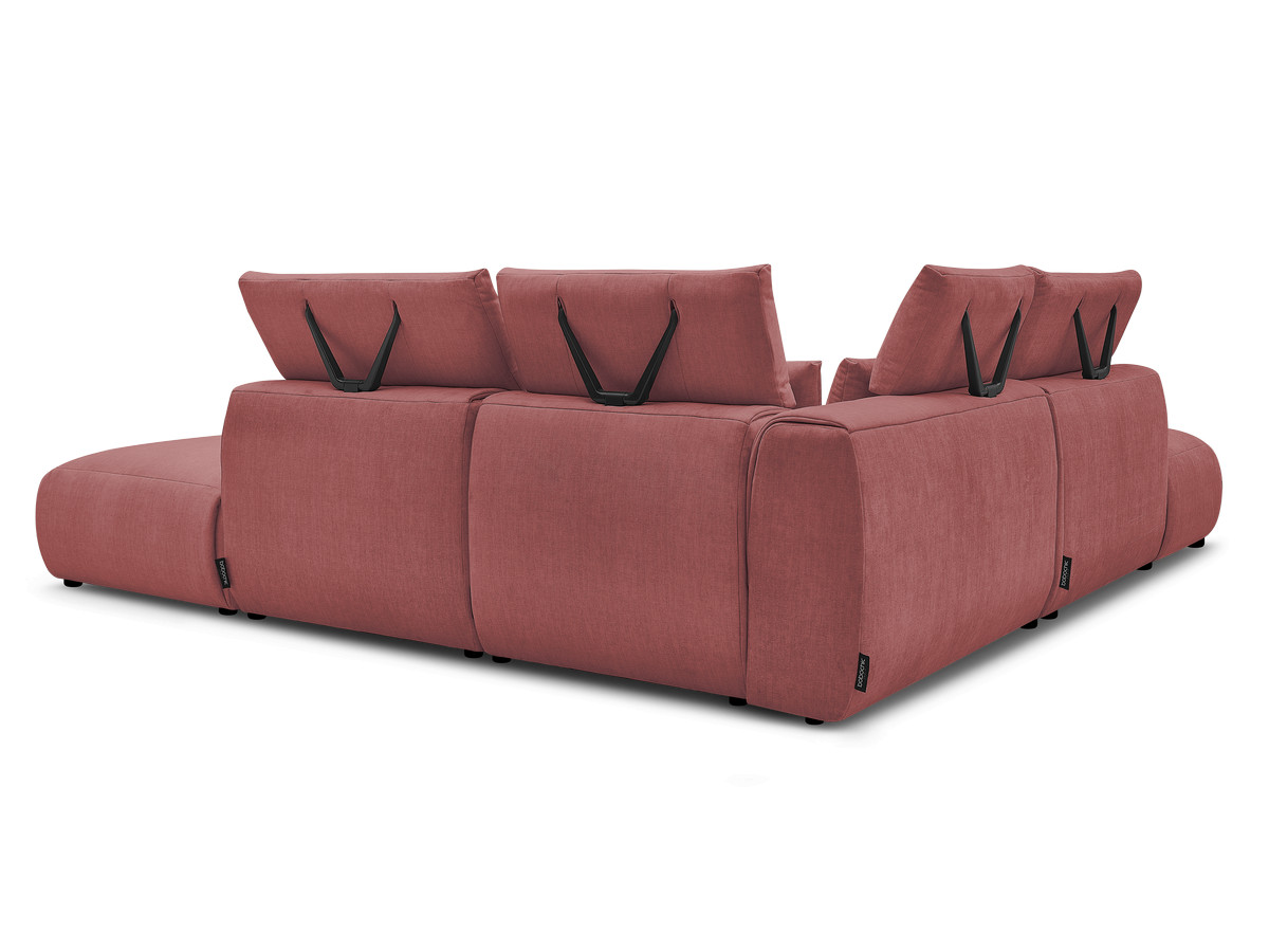 Canapé d'angle fixe modulable avec têtières JANA tissu velours avec 2 chauffeuses, 1 angle et 2 poufs