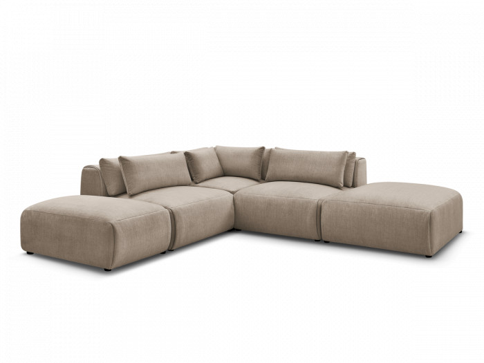 Canapé d'angle fixe modulable avec têtières JANA tissu velours avec 2 chauffeuses, 1 angle et 2 poufs