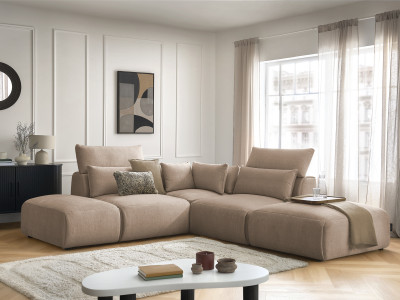Canapé d'angle fixe modulable avec têtières JANA tissu velours avec 2 chauffeuses, 1 angle et 2 poufs