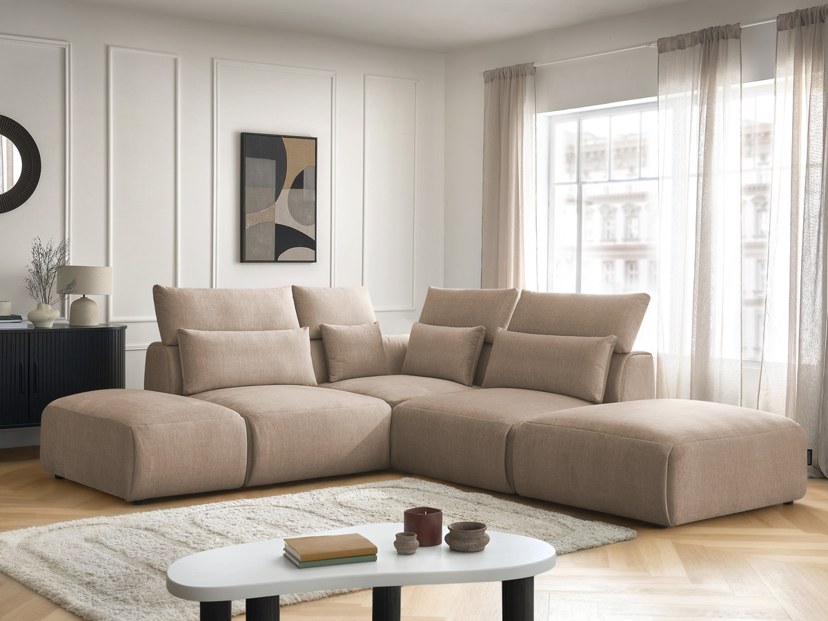 Canapé d'angle fixe modulable avec têtières JANA tissu velours avec 2 chauffeuses, 1 angle et 2 poufs