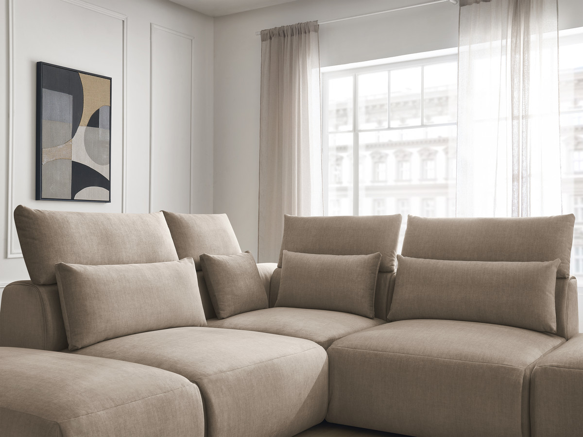 Canapé d'angle fixe modulable avec têtières JANA tissu velours avec 2 chauffeuses, 1 angle et 2 poufs