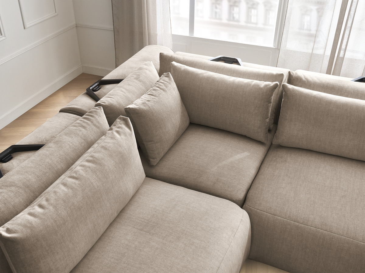 Canapé d'angle fixe modulable avec têtières JANA tissu velours avec 2 chauffeuses, 1 angle et 2 poufs