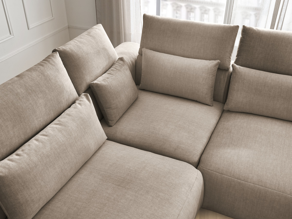 Canapé d'angle fixe modulable avec têtières JANA tissu velours avec 2 chauffeuses, 1 angle et 2 poufs