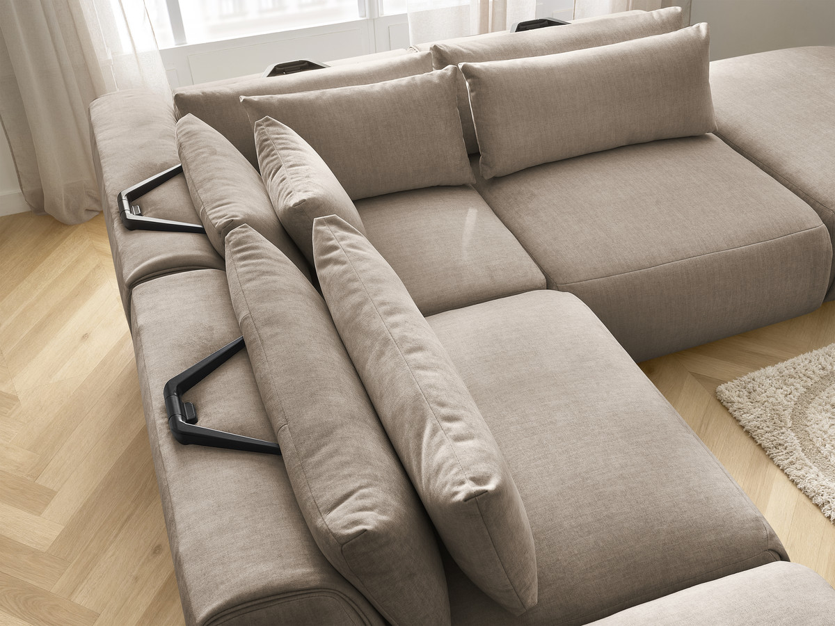 Canapé d'angle fixe modulable avec têtières JANA tissu velours avec 2 chauffeuses, 1 angle et 2 poufs