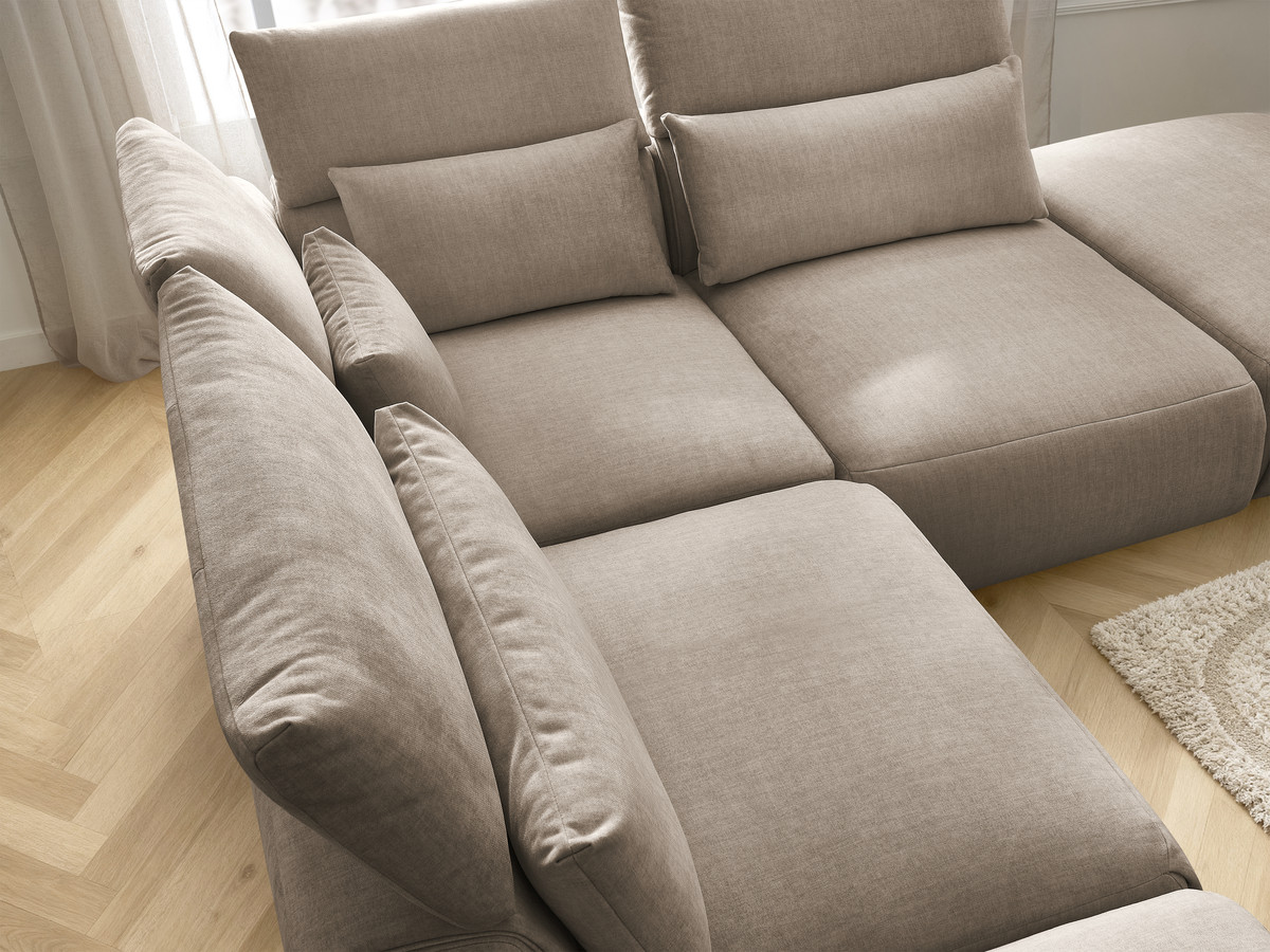 Canapé d'angle fixe modulable avec têtières JANA tissu velours avec 2 chauffeuses, 1 angle et 2 poufs