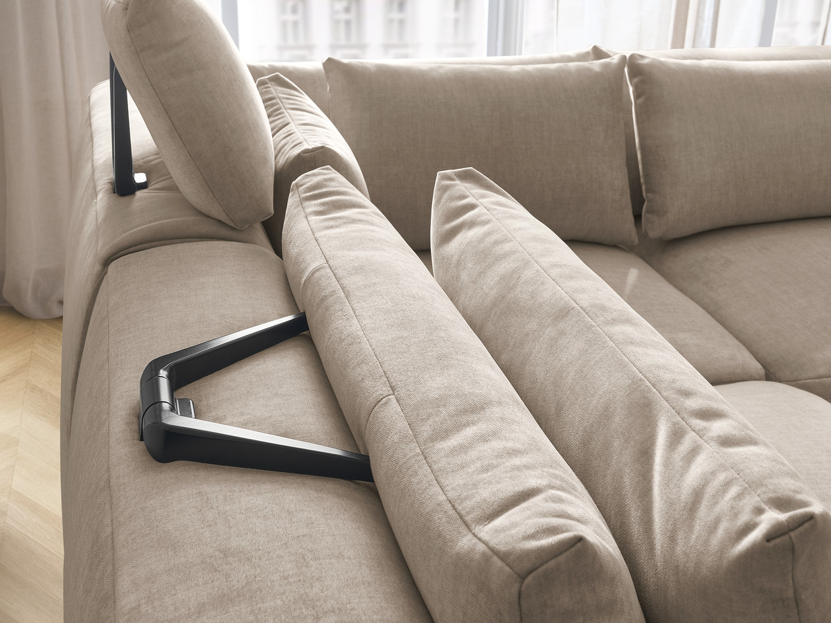 Canapé d'angle fixe modulable avec têtières JANA tissu velours avec 2 chauffeuses, 1 angle et 2 poufs