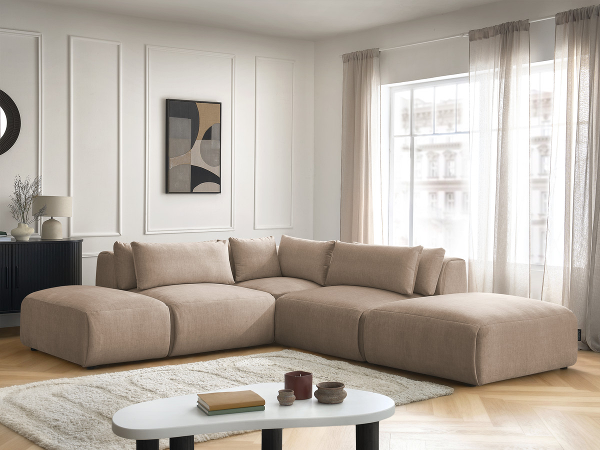 Canapé d'angle fixe modulable avec têtières JANA tissu velours avec 2 chauffeuses, 1 angle et 2 poufs