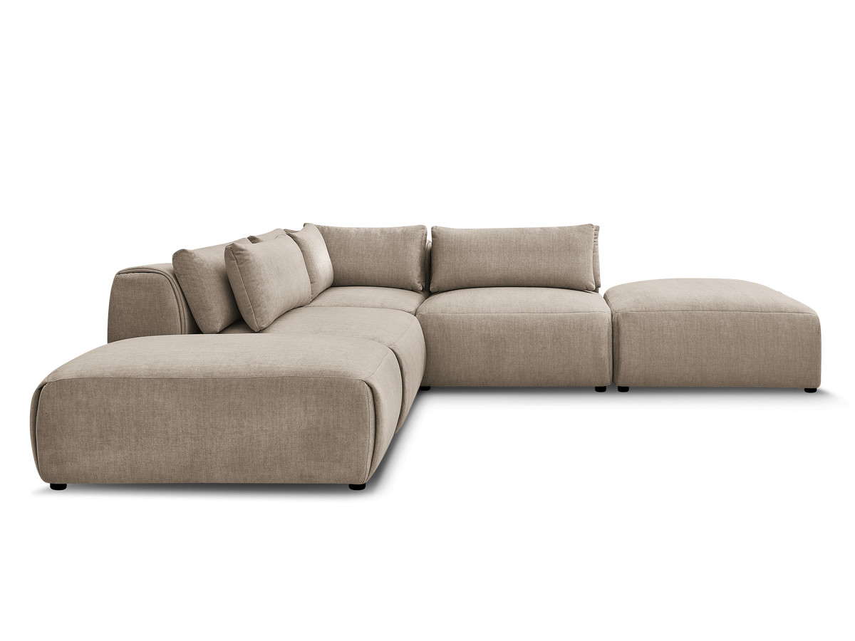 Canapé d'angle fixe modulable avec têtières JANA tissu velours avec 2 chauffeuses, 1 angle et 2 poufs