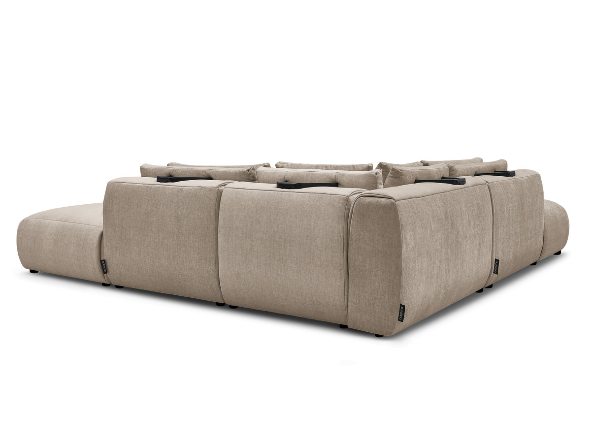 Canapé d'angle fixe modulable avec têtières JANA tissu velours avec 2 chauffeuses, 1 angle et 2 poufs