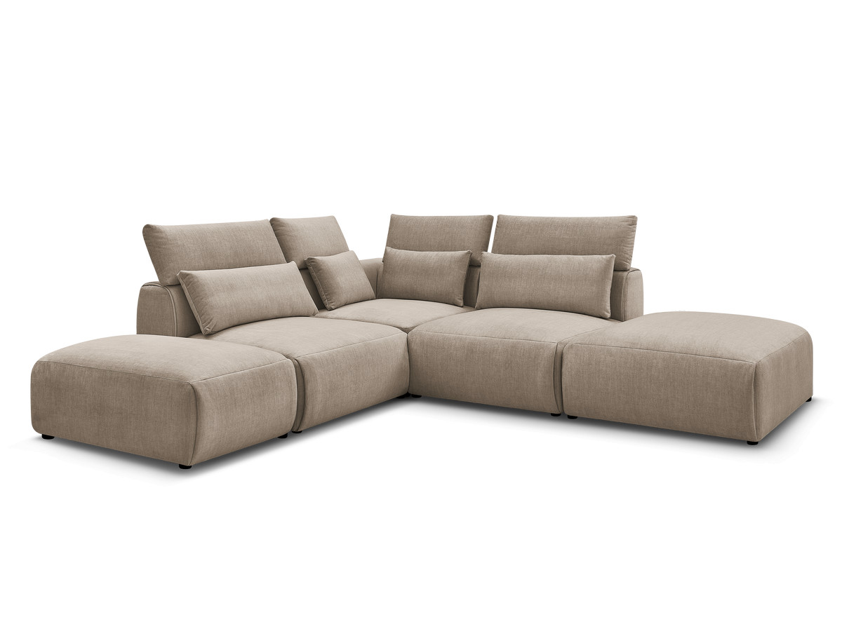 Canapé d'angle fixe modulable avec têtières JANA tissu velours avec 2 chauffeuses, 1 angle et 2 poufs