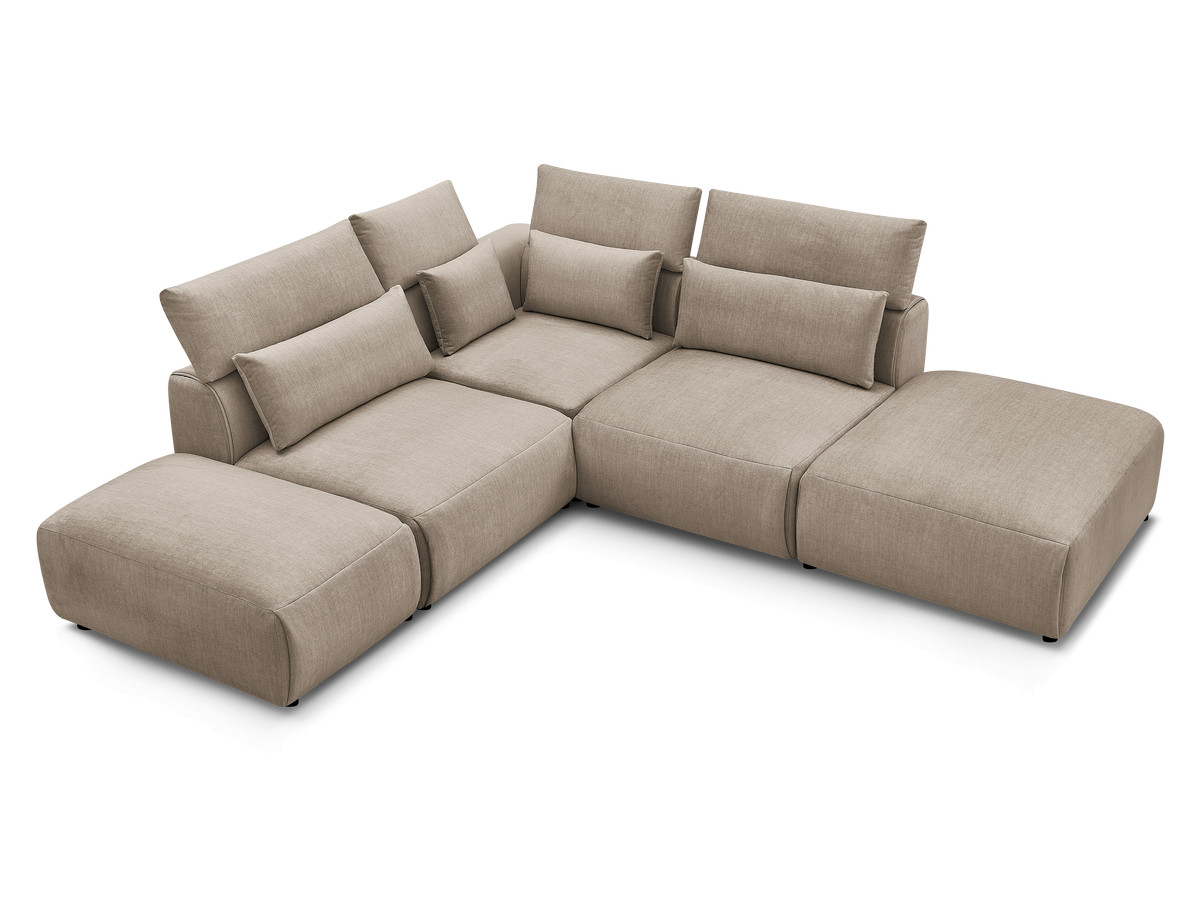 Canapé d'angle fixe modulable avec têtières JANA tissu velours avec 2 chauffeuses, 1 angle et 2 poufs