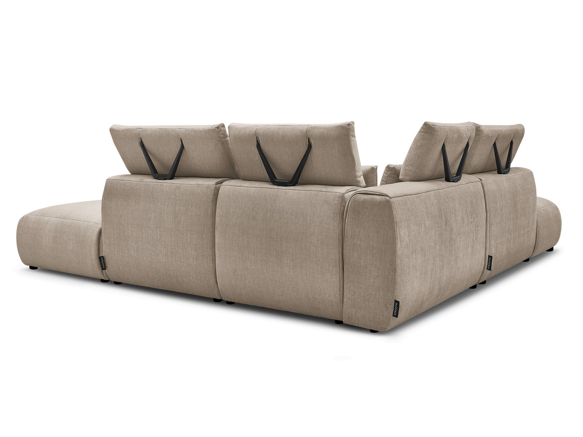 Canapé d'angle fixe modulable avec têtières JANA tissu velours avec 2 chauffeuses, 1 angle et 2 poufs