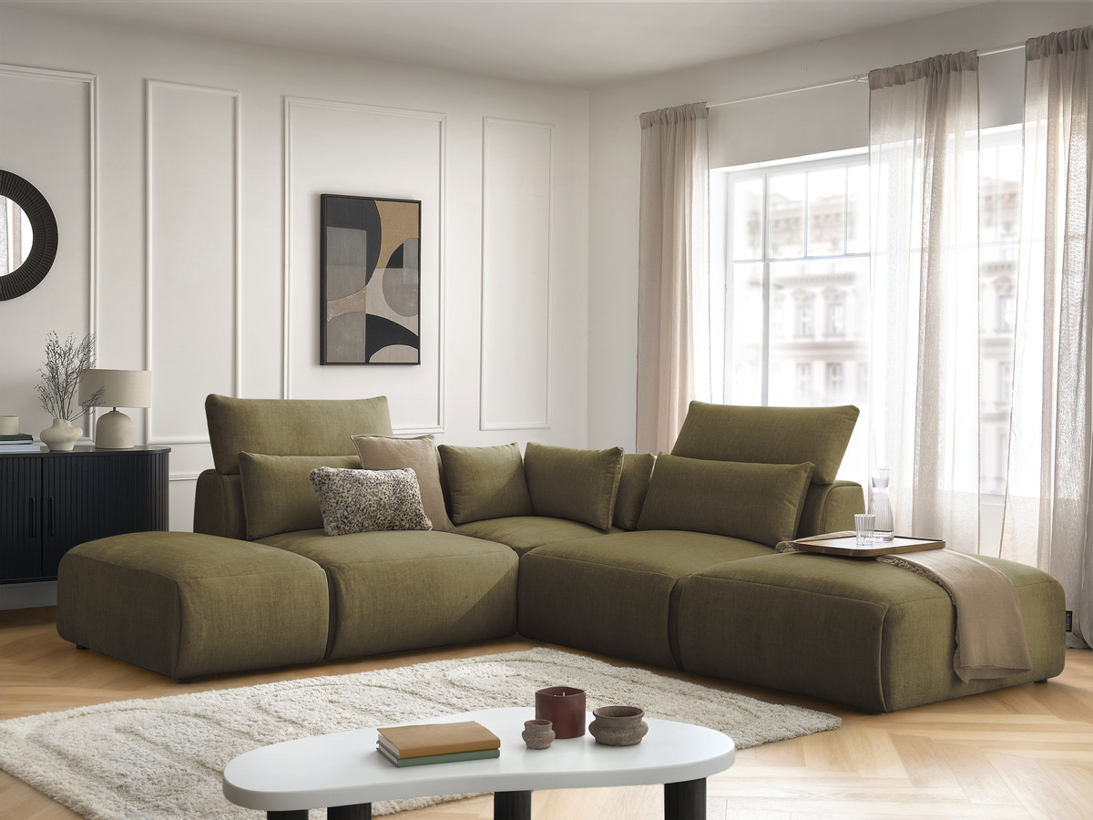 Canapé d'angle fixe modulable avec têtières JANA tissu velours avec 2 chauffeuses, 1 angle et 2 poufs