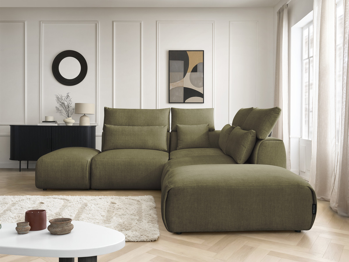 Canapé d'angle fixe modulable avec têtières JANA tissu velours avec 2 chauffeuses, 1 angle et 2 poufs