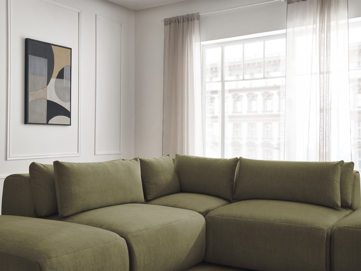 Canapé d'angle fixe modulable avec têtières JANA tissu velours avec 2 chauffeuses, 1 angle et 2 poufs