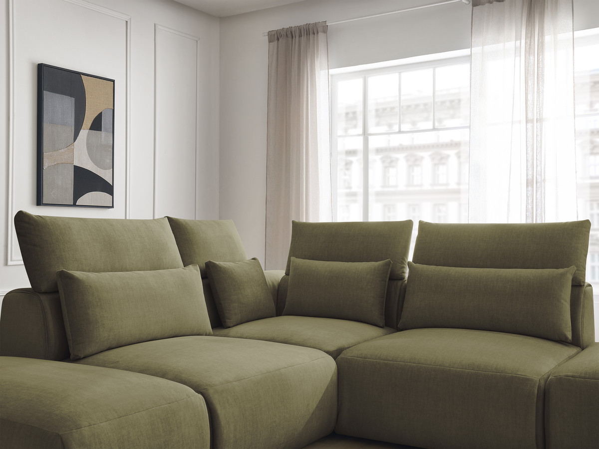 Canapé d'angle fixe modulable avec têtières JANA tissu velours avec 2 chauffeuses, 1 angle et 2 poufs