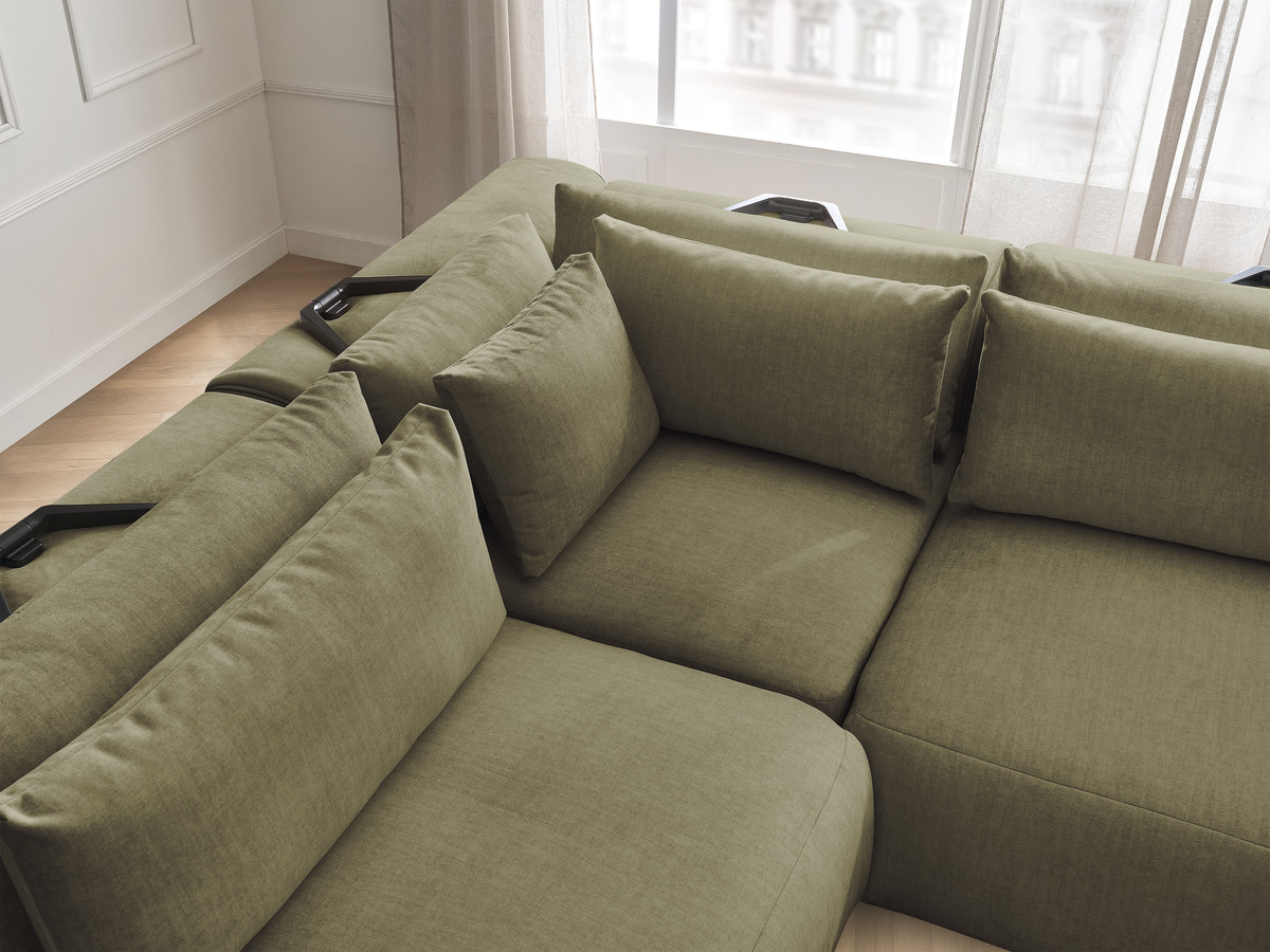 Canapé d'angle fixe modulable avec têtières JANA tissu velours avec 2 chauffeuses, 1 angle et 2 poufs