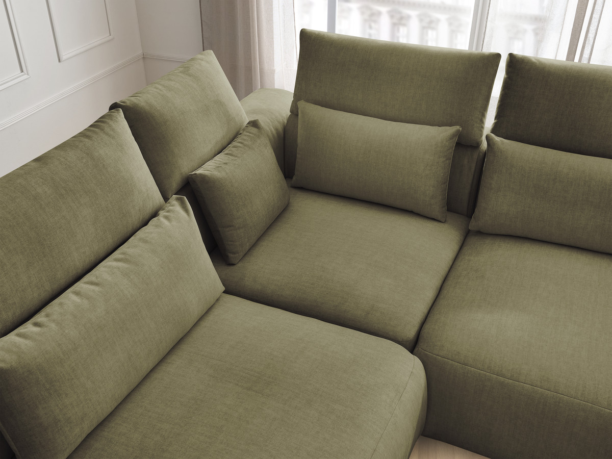 Canapé d'angle fixe modulable avec têtières JANA tissu velours avec 2 chauffeuses, 1 angle et 2 poufs