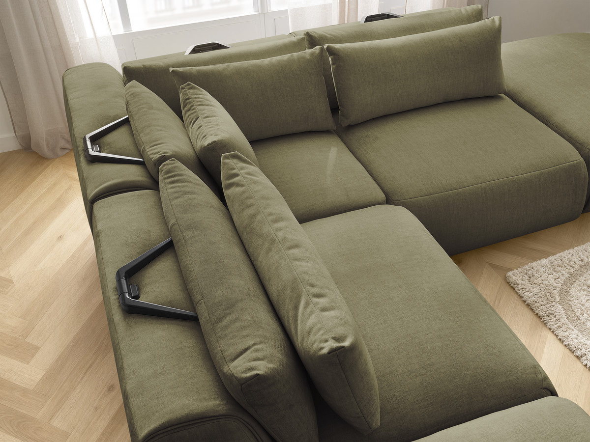 Canapé d'angle fixe modulable avec têtières JANA tissu velours avec 2 chauffeuses, 1 angle et 2 poufs