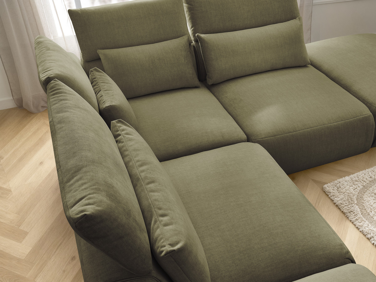 Canapé d'angle fixe modulable avec têtières JANA tissu velours avec 2 chauffeuses, 1 angle et 2 poufs