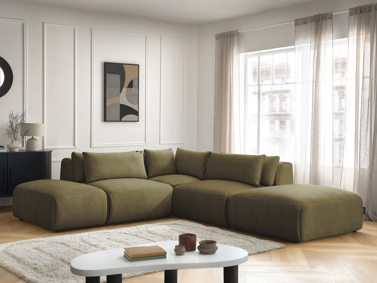 Canapé d'angle fixe modulable avec têtières JANA tissu velours avec 2 chauffeuses, 1 angle et 2 poufs