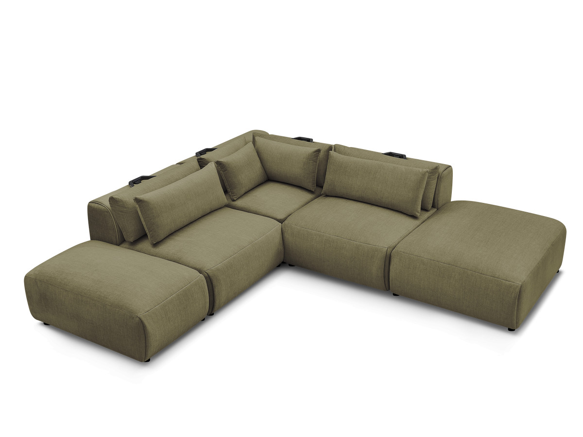 Canapé d'angle fixe modulable avec têtières JANA tissu velours avec 2 chauffeuses, 1 angle et 2 poufs