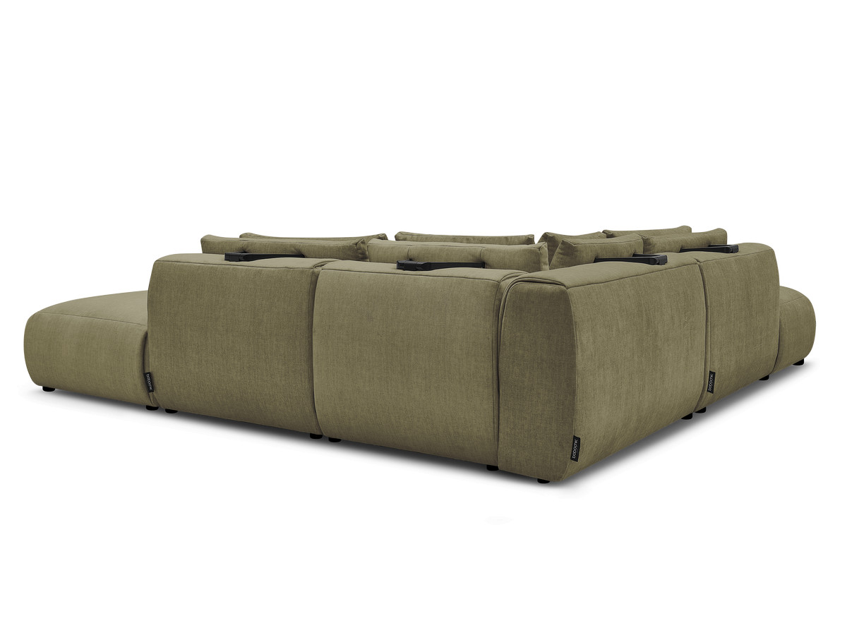 Canapé d'angle fixe modulable avec têtières JANA tissu velours avec 2 chauffeuses, 1 angle et 2 poufs