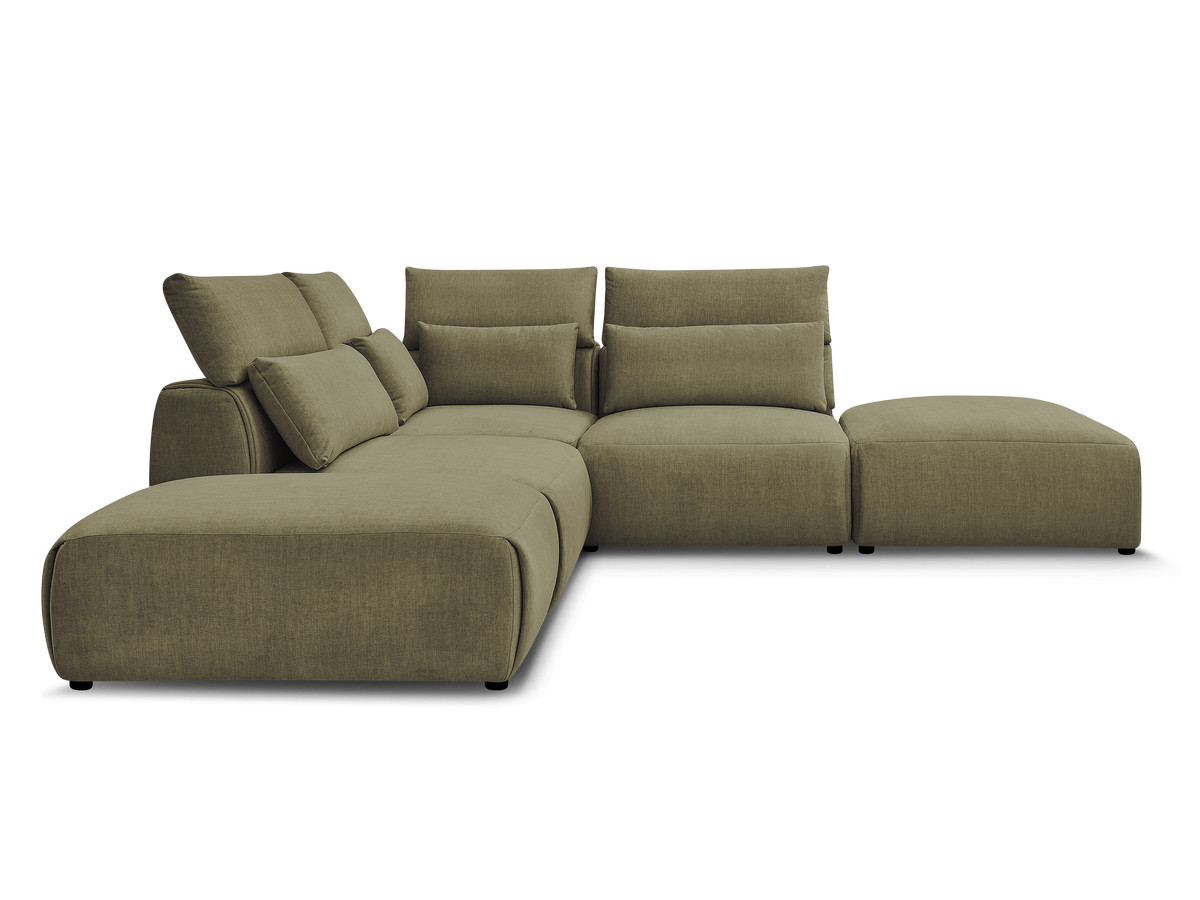 Canapé d'angle fixe modulable avec têtières JANA tissu velours avec 2 chauffeuses, 1 angle et 2 poufs