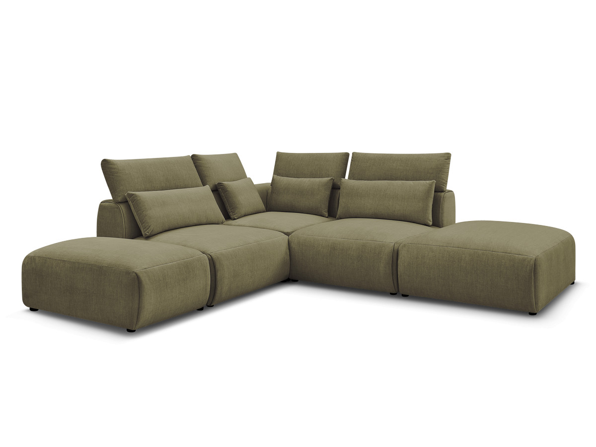 Canapé d'angle fixe modulable avec têtières JANA tissu velours avec 2 chauffeuses, 1 angle et 2 poufs