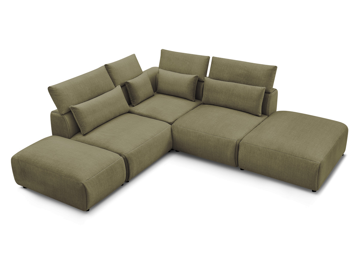 Canapé d'angle fixe modulable avec têtières JANA tissu velours avec 2 chauffeuses, 1 angle et 2 poufs