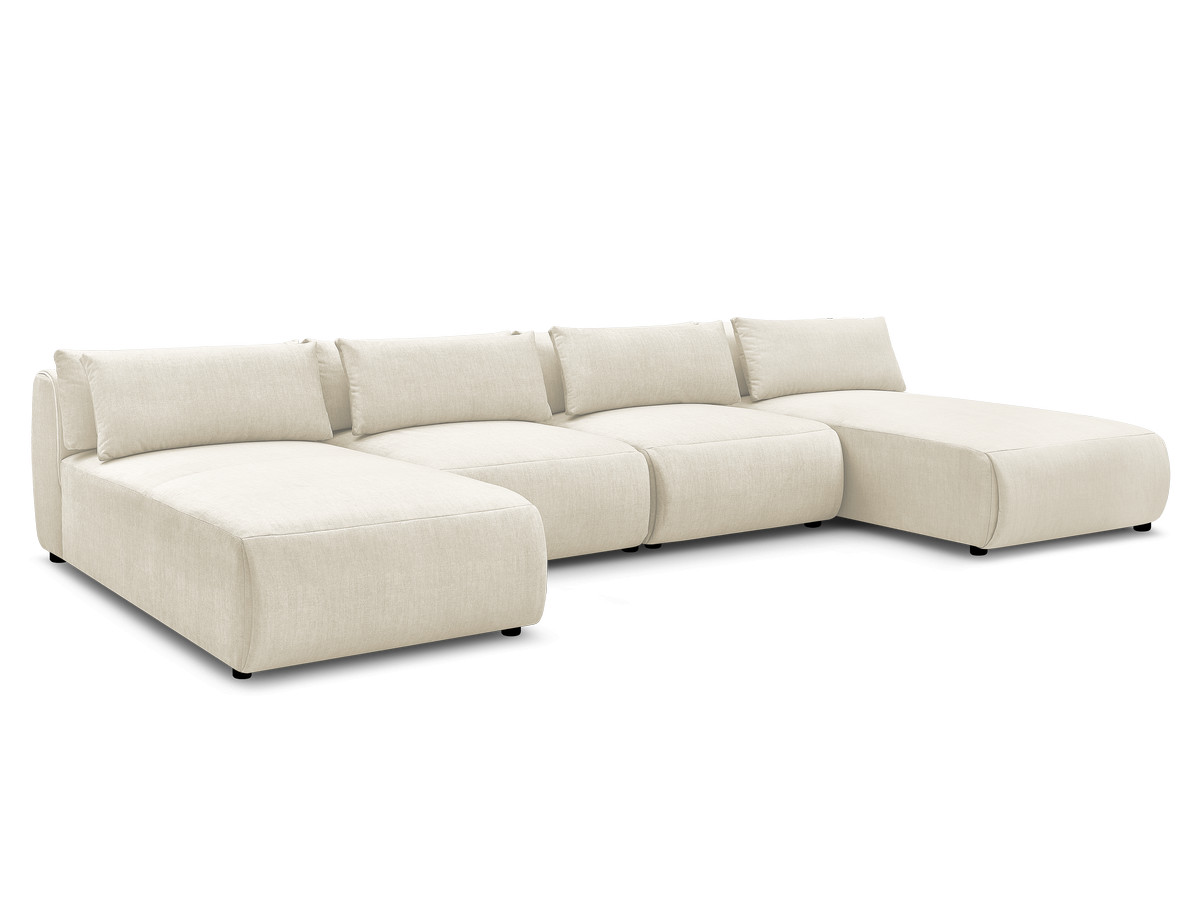 Modulaire vaste panoramabank met hoofdsteunen in JANA fluwelen stof met 2 chaise longues en 2 fauteuils