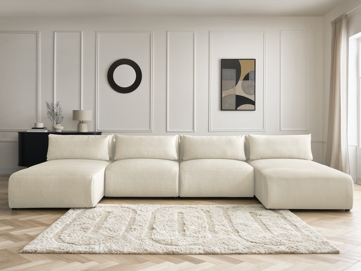 Modulaire vaste panoramabank met hoofdsteunen in JANA fluwelen stof met 2 chaise longues en 2 fauteuils