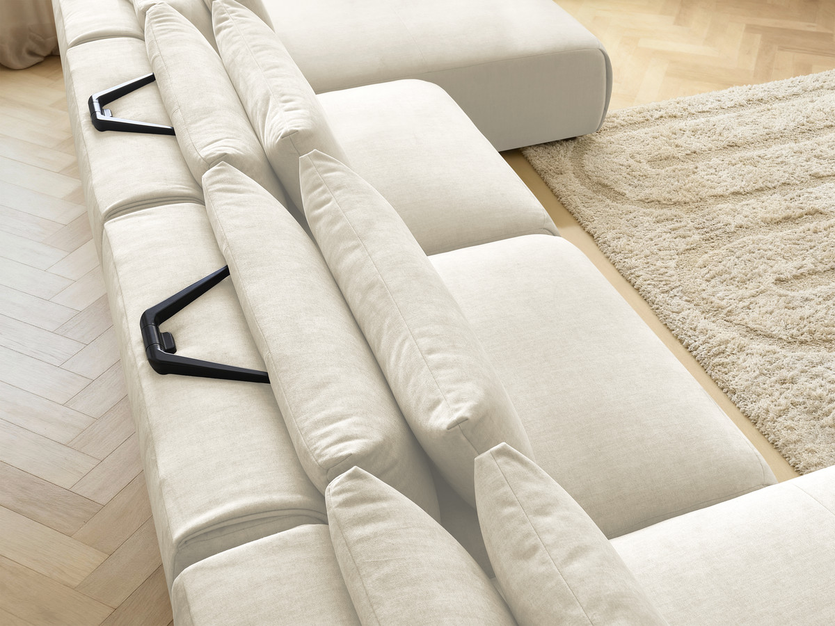 Modulaire vaste panoramabank met hoofdsteunen in JANA fluwelen stof met 2 chaise longues en 2 fauteuils