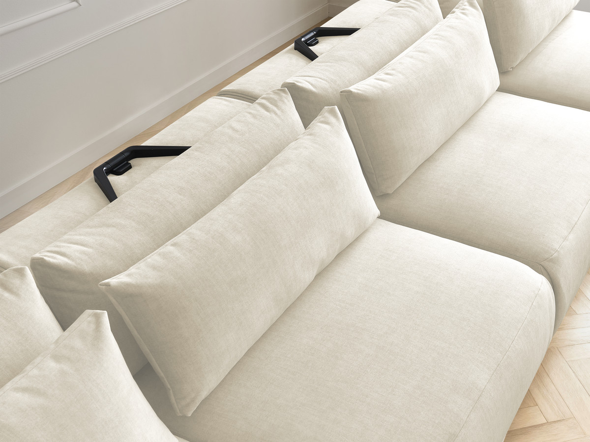 Modulaire vaste panoramabank met hoofdsteunen in JANA fluwelen stof met 2 chaise longues en 2 fauteuils