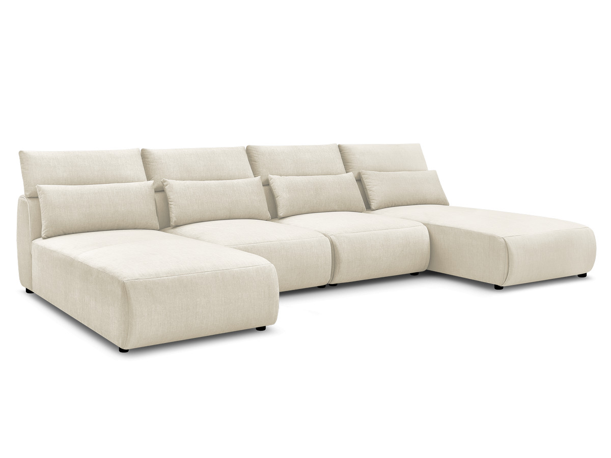 Modulaire vaste panoramabank met hoofdsteunen in JANA fluwelen stof met 2 chaise longues en 2 fauteuils