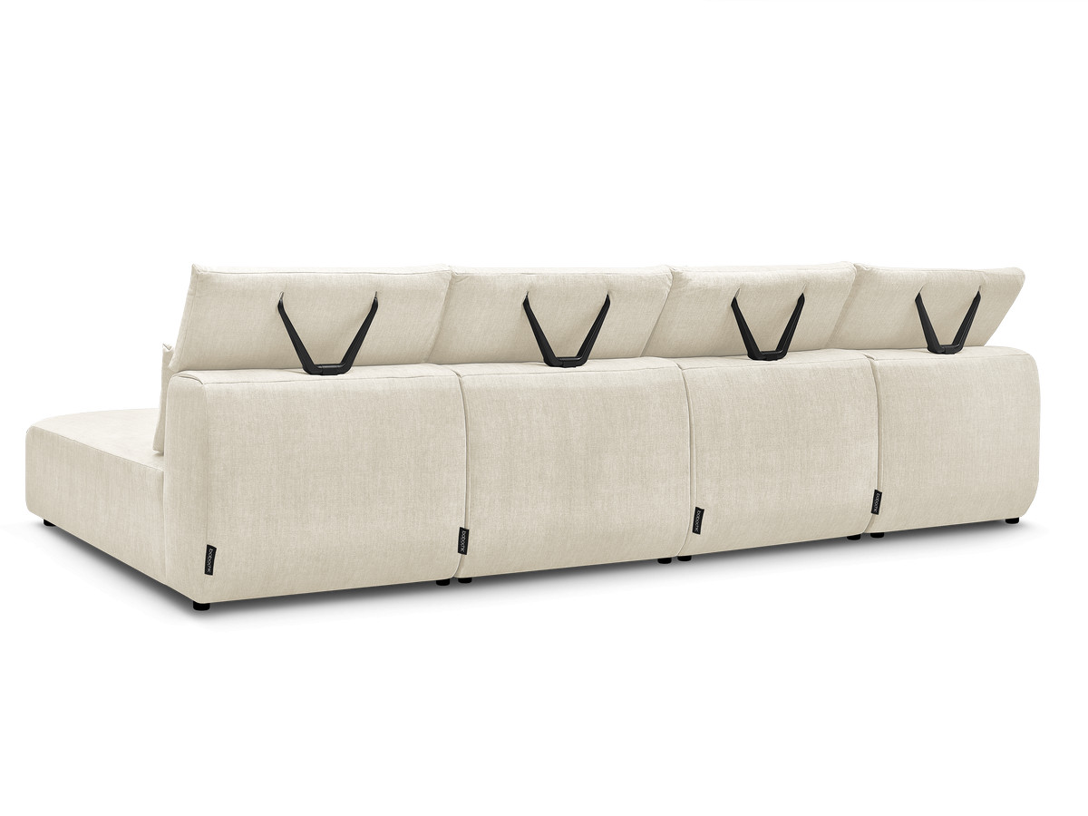 Modulaire vaste panoramabank met hoofdsteunen in JANA fluwelen stof met 2 chaise longues en 2 fauteuils