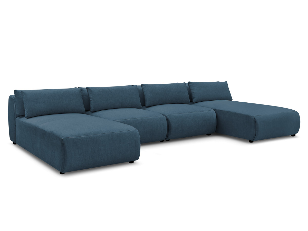modulaire vaste panoramabank met hoofdsteunen in jana fluwelen stof met 2 chaise longues en 2 fauteuils gekleurd blauw