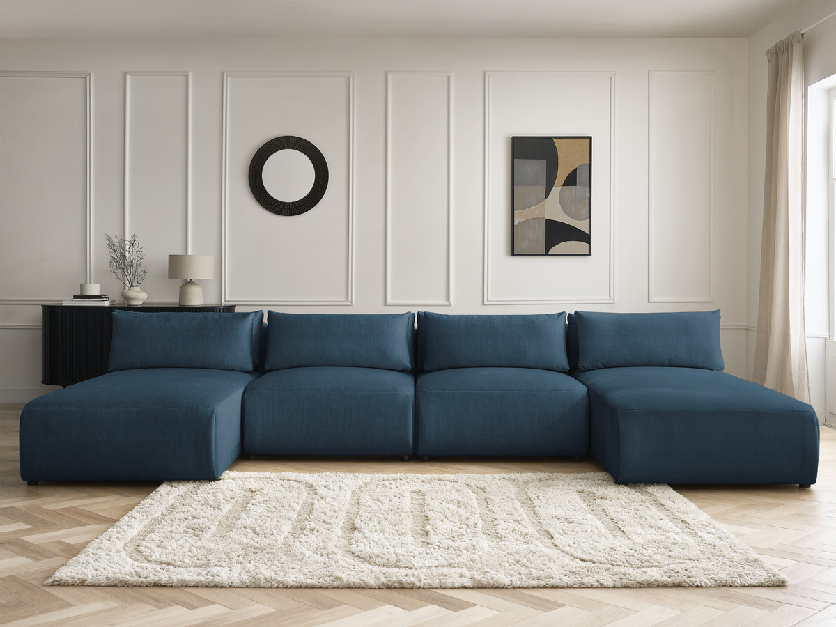 Canapé panoramique modulable avec têtières JANA velours bleu