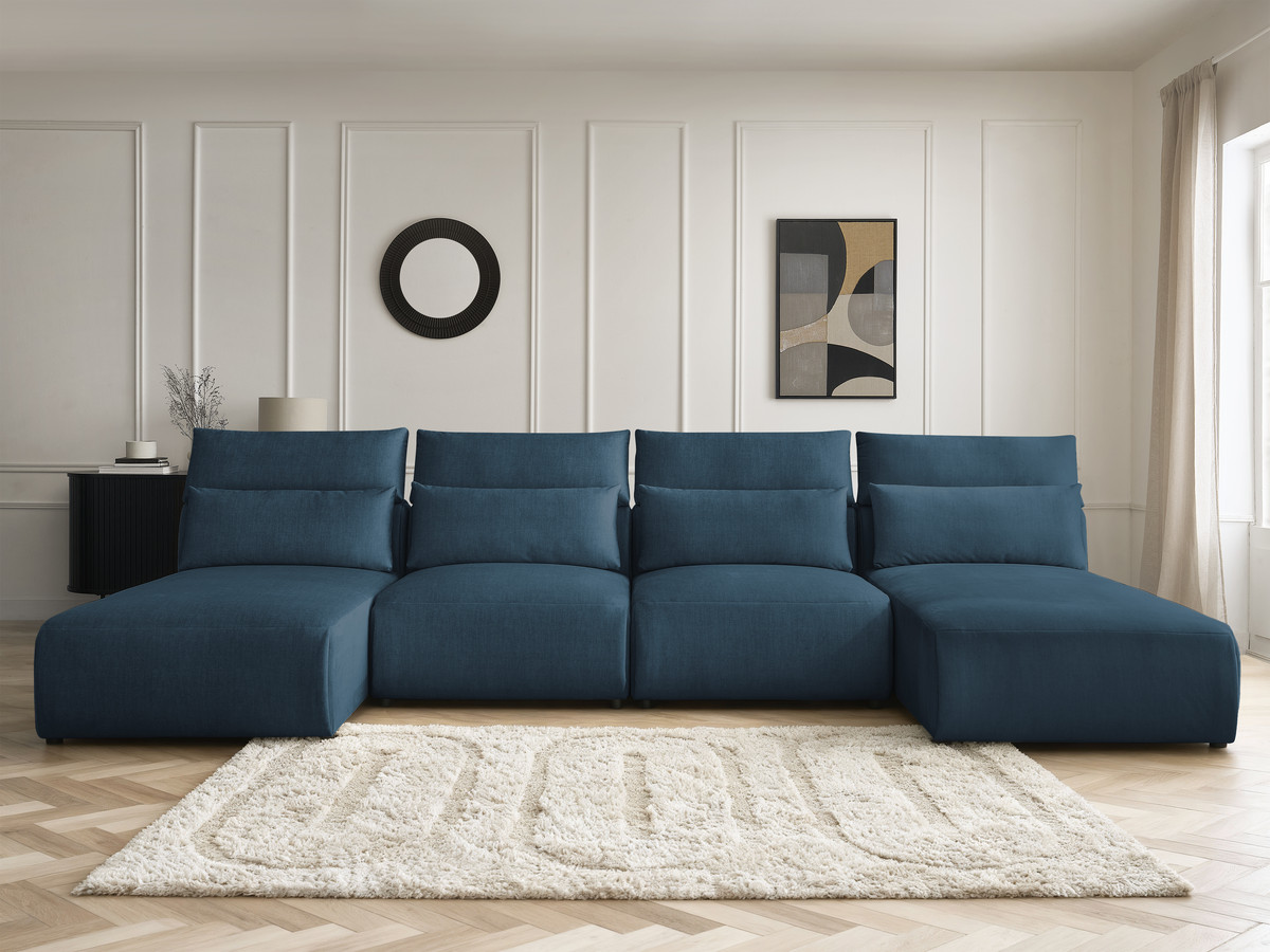 Canapé panoramique modulable avec têtières JANA velours bleu — vue 5