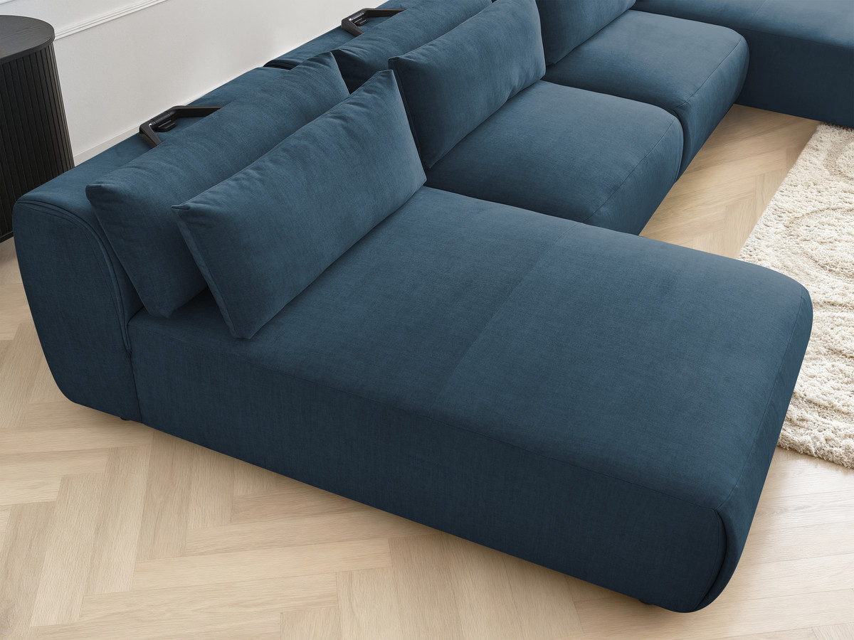 Modulaire vaste panoramabank met hoofdsteunen in JANA fluwelen stof met 2 chaise longues en 2 fauteuils