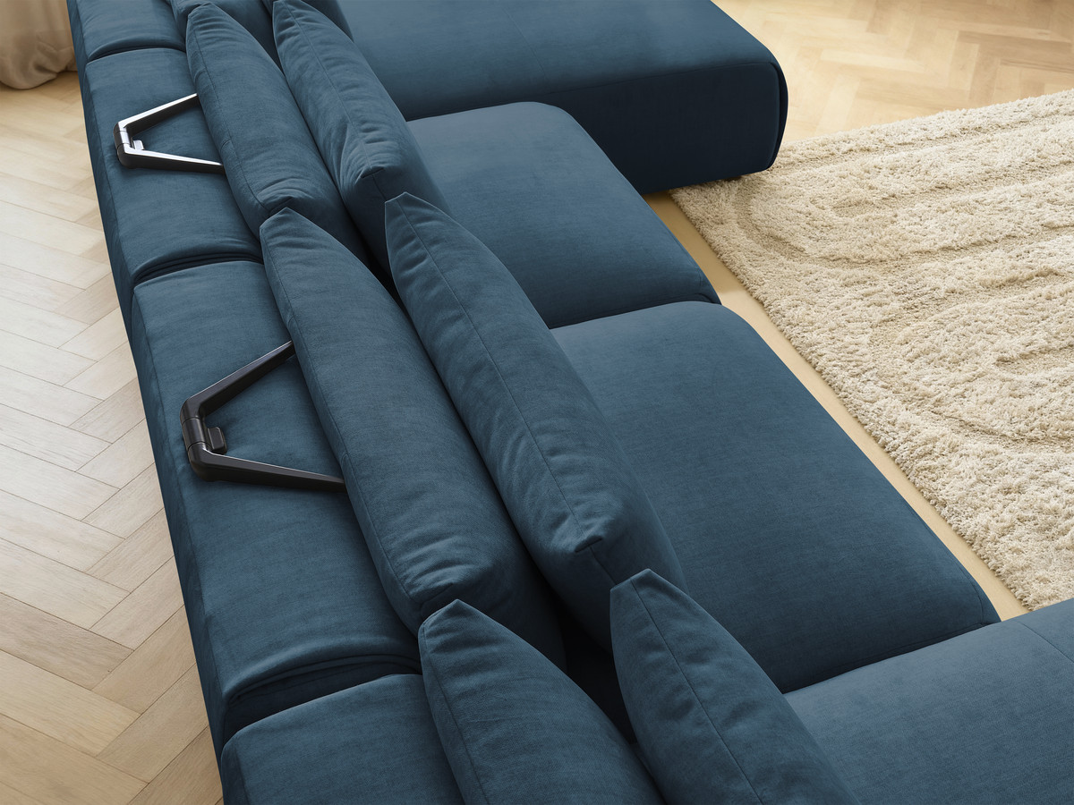 Modulaire vaste panoramabank met hoofdsteunen in JANA fluwelen stof met 2 chaise longues en 2 fauteuils