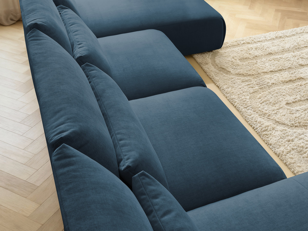 Modulaire vaste panoramabank met hoofdsteunen in JANA fluwelen stof met 2 chaise longues en 2 fauteuils