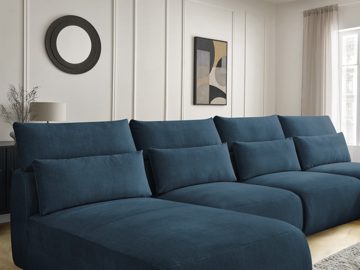 Modulaire vaste panoramabank met hoofdsteunen in JANA fluwelen stof met 2 chaise longues en 2 fauteuils