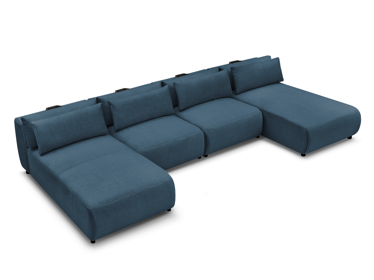 Modulaire vaste panoramabank met hoofdsteunen in JANA fluwelen stof met 2 chaise longues en 2 fauteuils