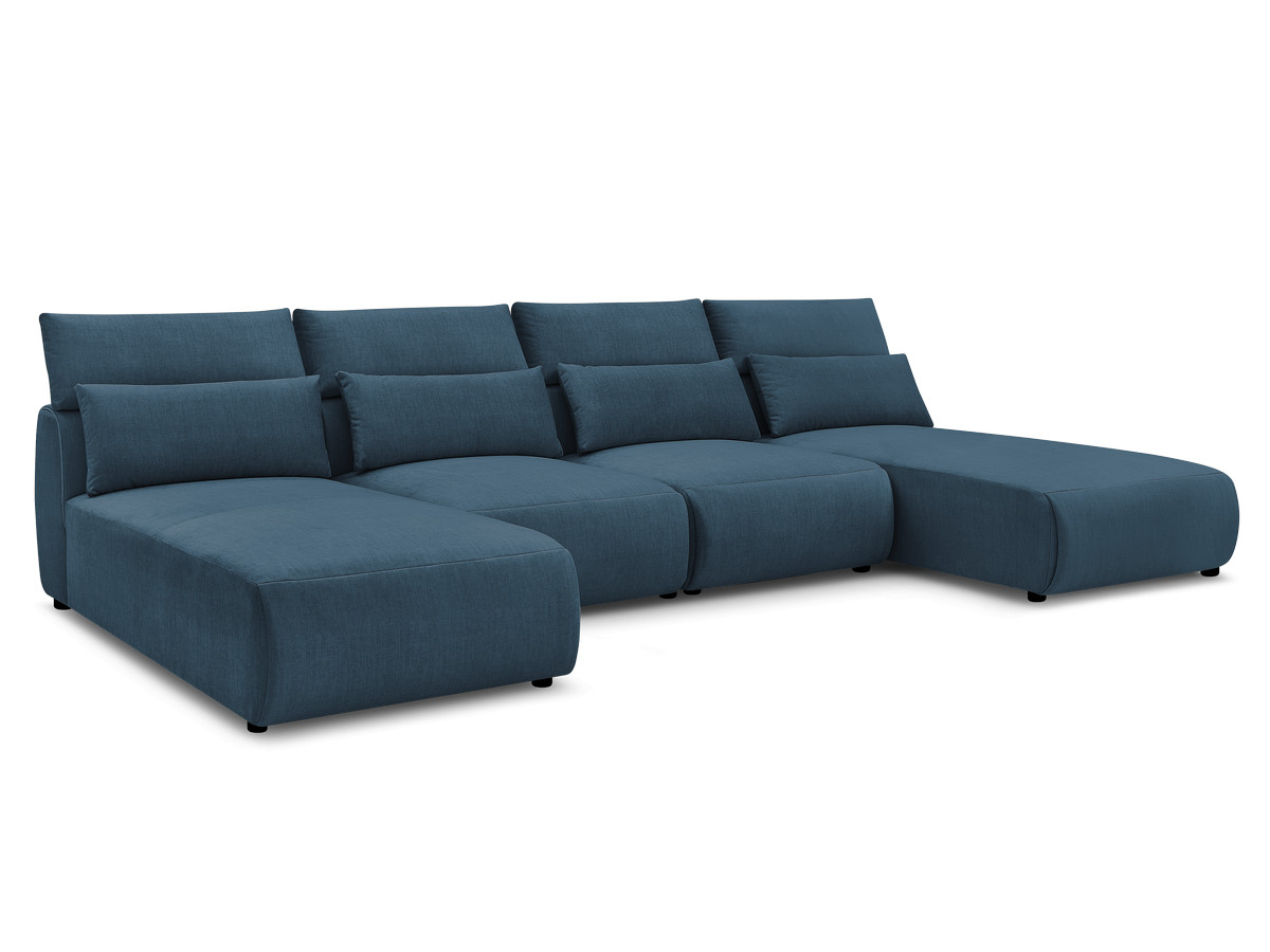 Modulaire vaste panoramabank met hoofdsteunen in JANA fluwelen stof met 2 chaise longues en 2 fauteuils