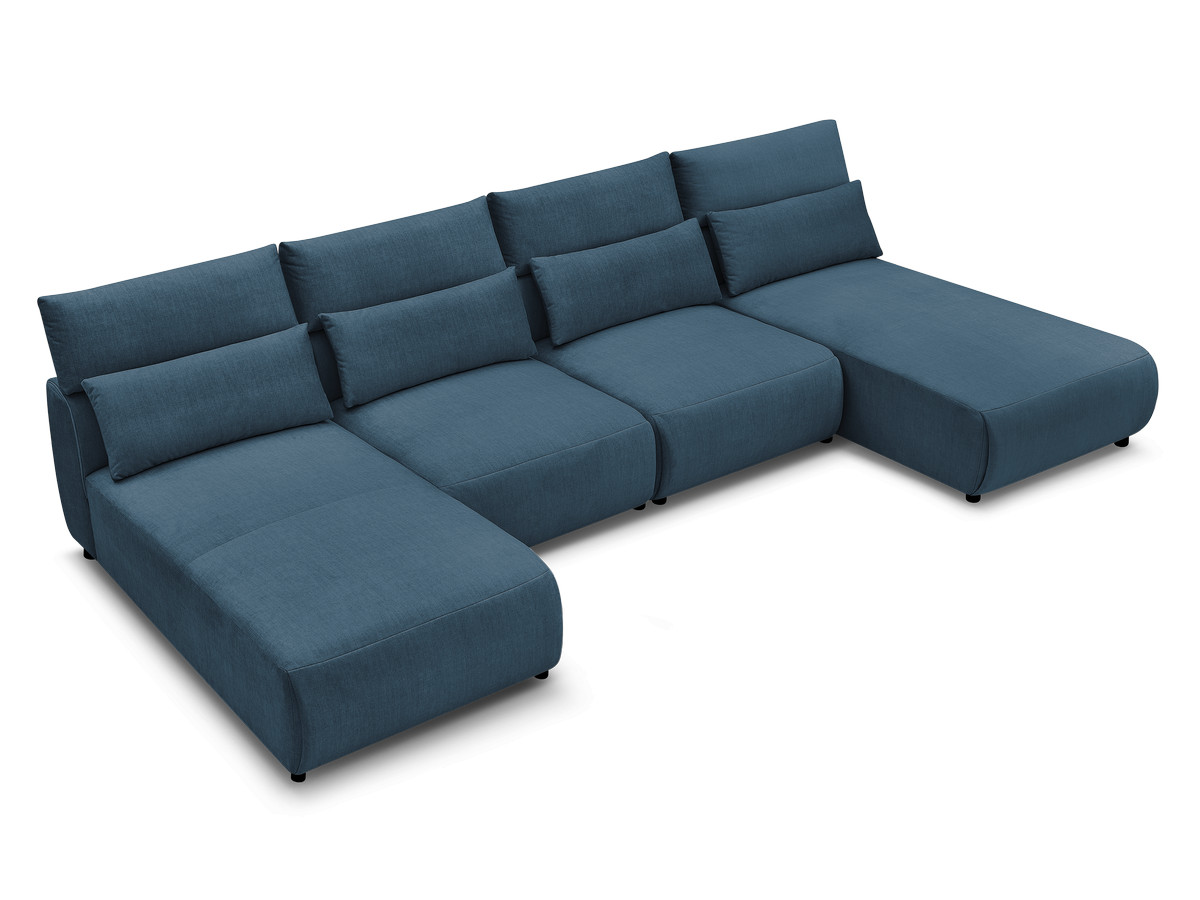 Modulaire vaste panoramabank met hoofdsteunen in JANA fluwelen stof met 2 chaise longues en 2 fauteuils