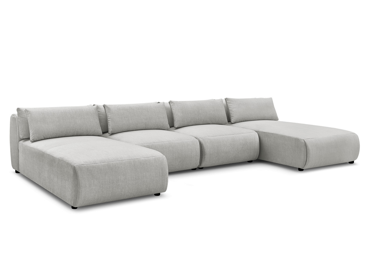 modulaire vaste panoramabank met hoofdsteunen in jana fluwelen stof met 2 chaise longues en 2 fauteuils gekleurd lichtgrijs