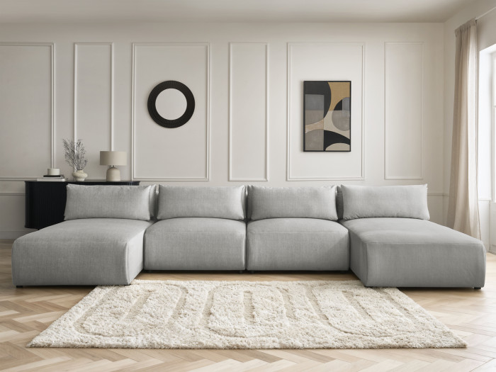 Canapé panoramique fixe modulable avec têtières JANA tissu velours avec 2 méridiennes et 2 chauffeuses